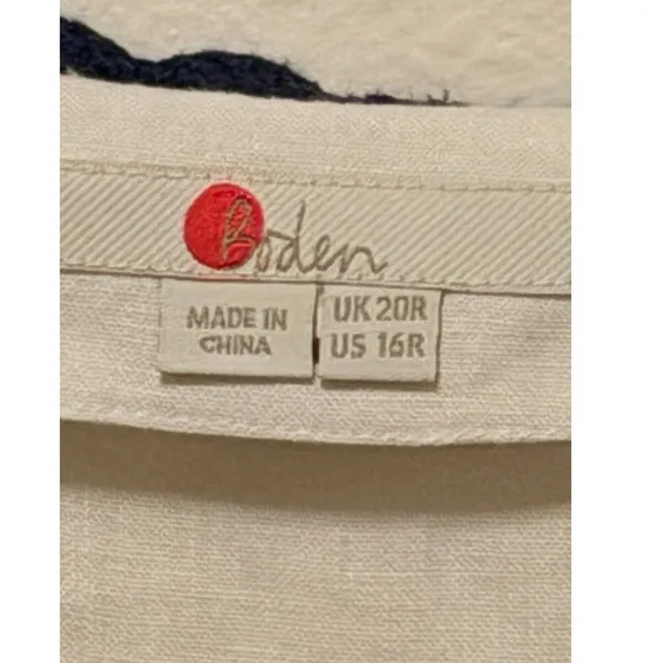 Boden Shift Dress Sz 16 Ivory Navy Blue Embroidered Linen V-Neck Boho Vacation - Image 3