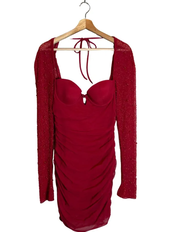 Oh Polly St. Germain Embellished Long Sleeve Mini Dress Women's 6 Red Pearls - Image 3