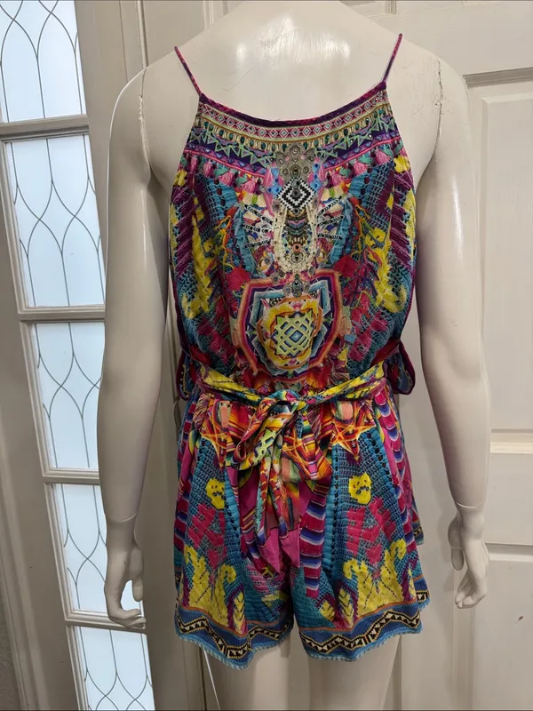 Camilla Pastel Floral Ikat Embroidered Top in Pink, Blue, Purple Size Medium - Image 8
