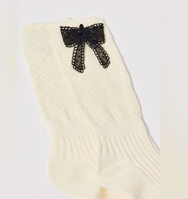 3D Bow Women’s Crew Sock in Ivory with Black Lace Bow Detail Shoe Size 6-10 NWT! - Image 3