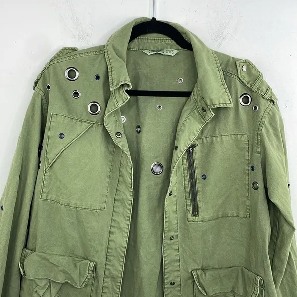 ZARA Oversized Rivet Roll Sleeve Utility Jacket Size X Small Green - Image 5