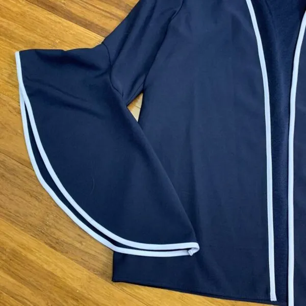 Zara Basic Top Womens Small Navy Bell Sleeve Cardigan White Trim Open Front Work Blue - Image 2