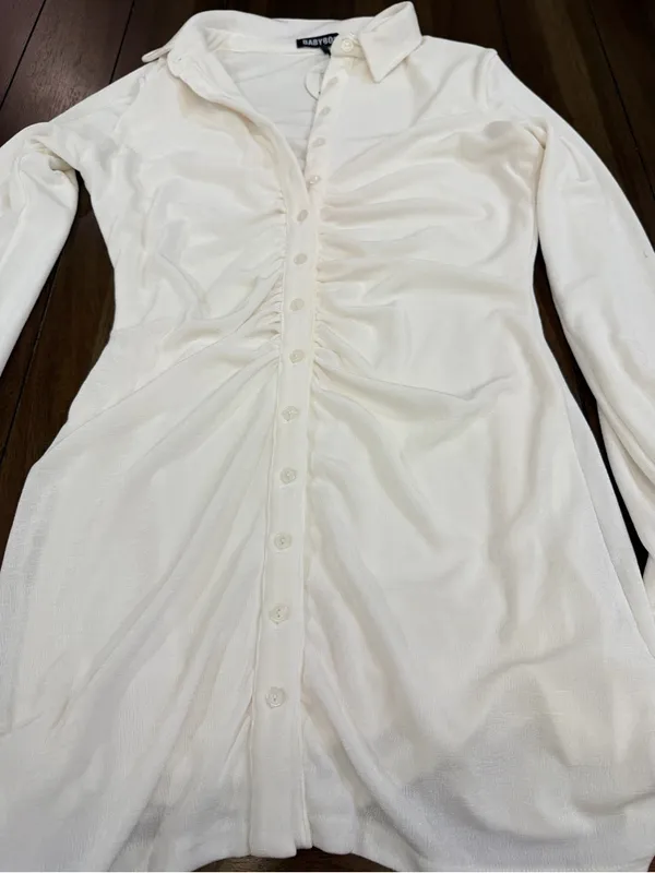 NWT Babyboo Fashion Kyesha Mini Dress White Ivory Ruched Button Front Size M NEW - Image 5