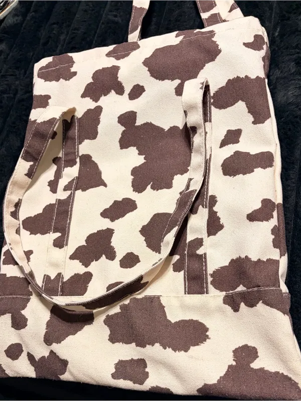Canvas Cowprint Tote Bag in Brown and Cream - Image 5