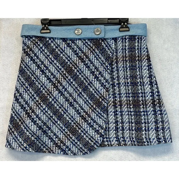 ZARA Mini Skirt Tweed Denim‎ Waist Women XL Blue White Plaid Wrap NWT - Image 2