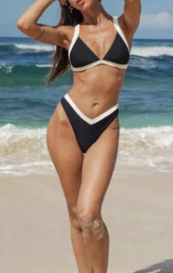 BERLOOK Contrast Trim Triangle Bikini Top ONLY 69 Black Size XL - Image 2