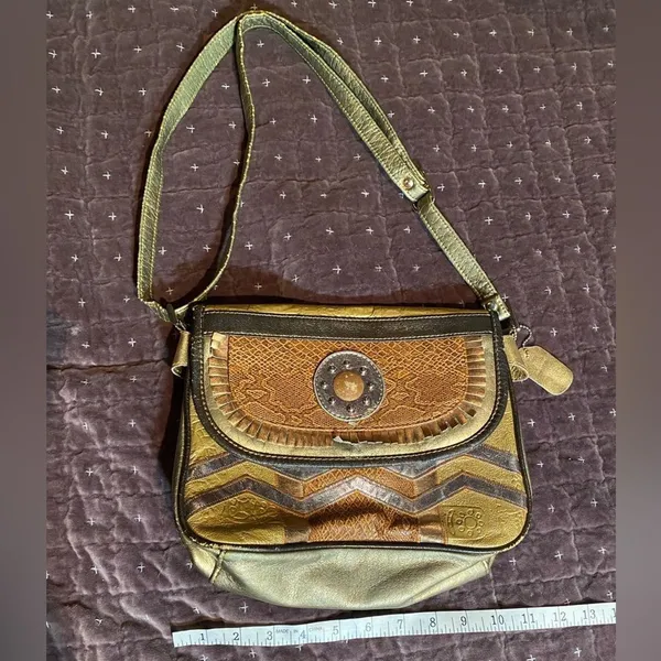 Vintage Renias Sharif Patchwork Leather Crossbody Purse Gold Bronze Tones 80s - Image 2
