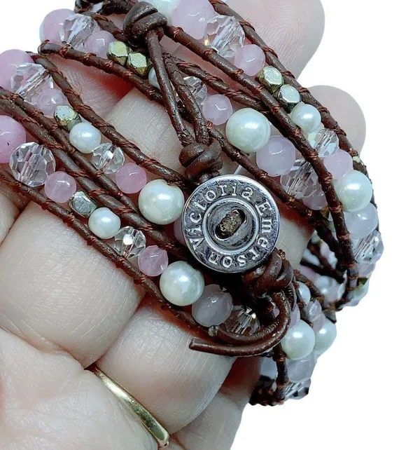 Victoria Emerson Brown Leather Wrap Bracelet With Pink Pearls - Image 3