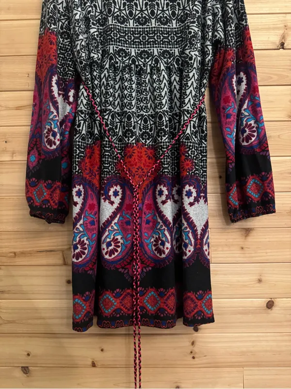 Angie Large Bohemian Long Sleeve Belted Notch Neckline Mini Dress Fall Biho - Image 6