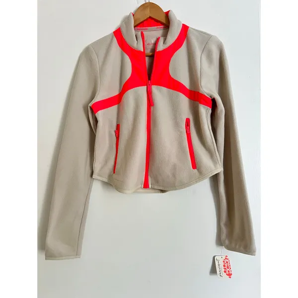 NWT‎ Free People In The Zone Zip Up Fleece XS Beige Pink Lightweight Outerwear - Image 2