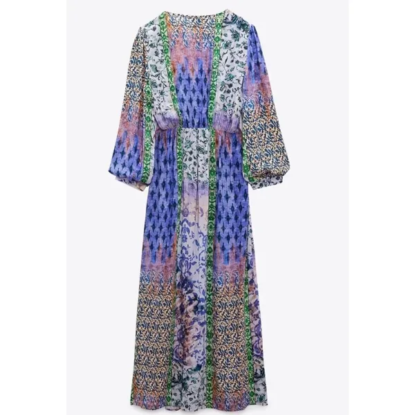 Zara Patchwork Print Maxi Dress‎ Multicolored V-Neck Boho Slit Size M - Image 6