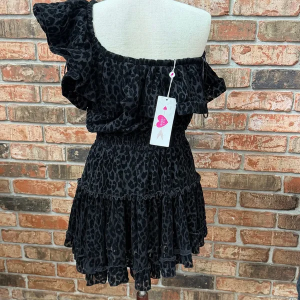 Buddy Love Black Leopard Cheetah Mini Dress XS NEW One Shoulder Velvet Velour - Image 3