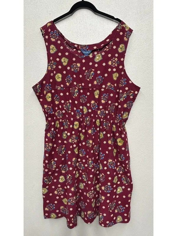 Vintage April Cornell Corduroy Midi Dress XL Burgundy Heart Print Cottagecore - Image 2