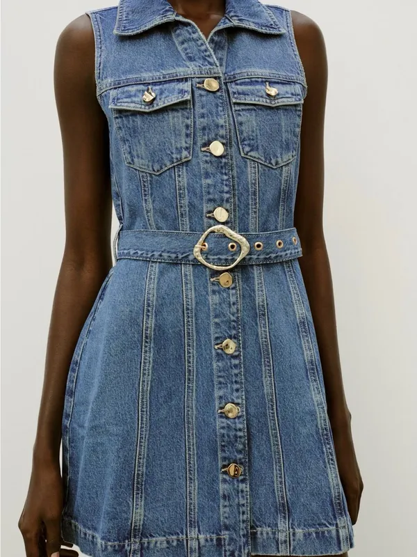 Zara Sleeveless Denim Button-Front Mini Dress in Blue with Belt - Image 4