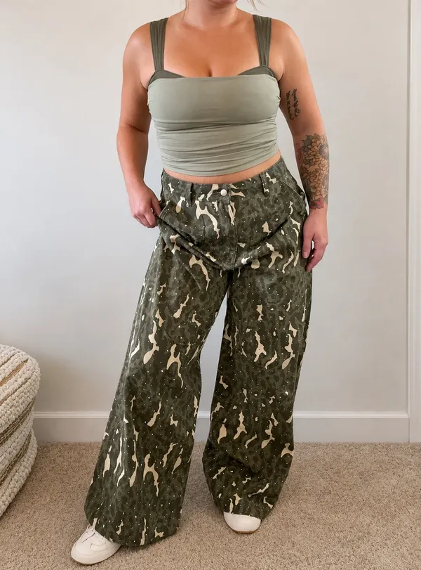 American Bazi Olive Camo Rhinestone Wide Leg Pants High Rise NWT Size L - Image 2