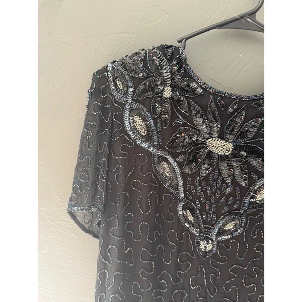 Sweelo Vintage Black Silk Beaded Sequin Floral Evening Top Short‎ Sleeve Medium - Image 2