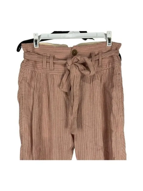 Anthropologie Maeve Paperbag Waist Pants Womens 2 Pink Striped Belted Cotton - Image 2