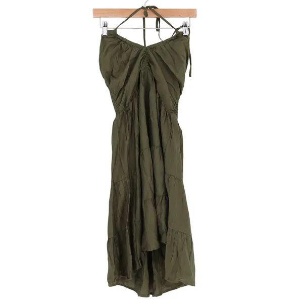 Maxi Dress Womens Large Olive Green Tiered Smocked Back Pleated Halter Neck - Image 2