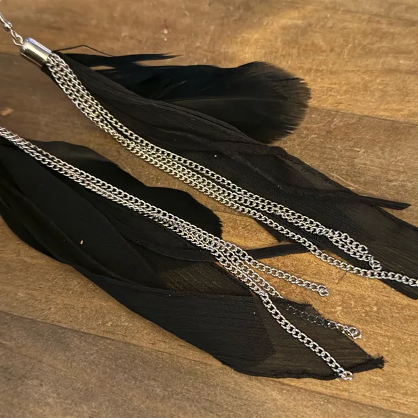 Long black feather, ribbon and chains dangle earrings - Image 3