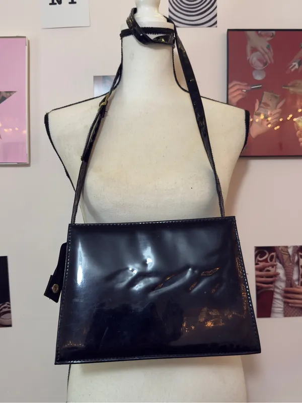 Patent Black Shoulder Bag with Gold Accent - Image 2