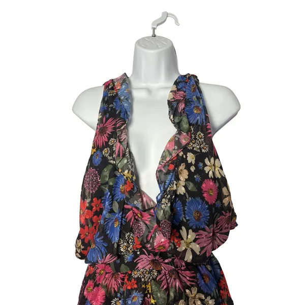 Slate & Willow Floral Ruffle Mini Dress XS Black Open Back Cottagecore‎ NEW - Image 3