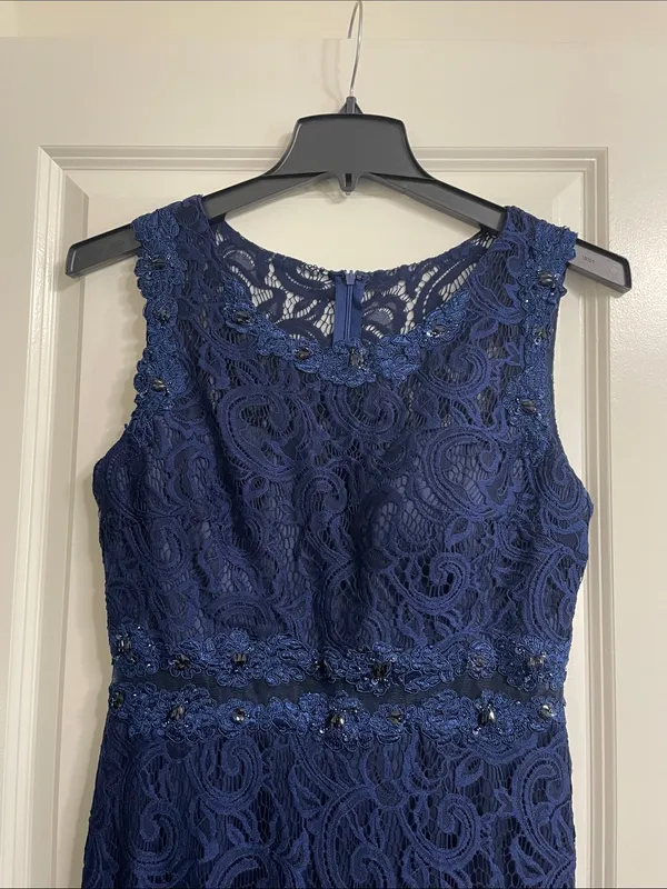 CINDERELLA DIVINE Navy Blue Lace Formal Maxi Dress Size Large - Image 5