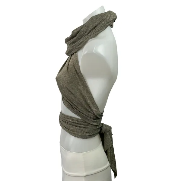 EROS Womens Brown Metallic Halter Cowl Neck Tie Back Crop Fashion Wrap Top Sz XS - Image 3