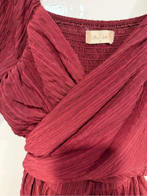 Women's Altar’d State Burgundy Puff-Sleeve Wrap Dress - Image 2