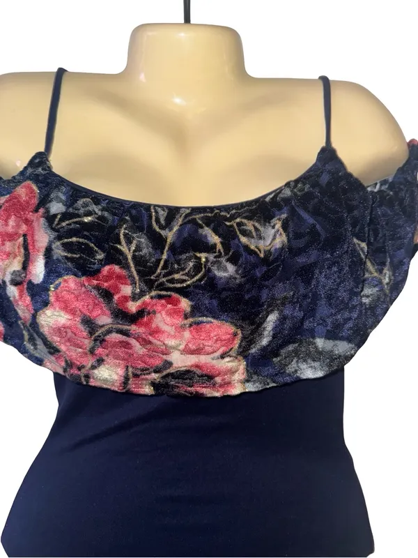 Francesca's Navy Velvet Floral Bodysuit with Pink Bloom Detail - Image 3