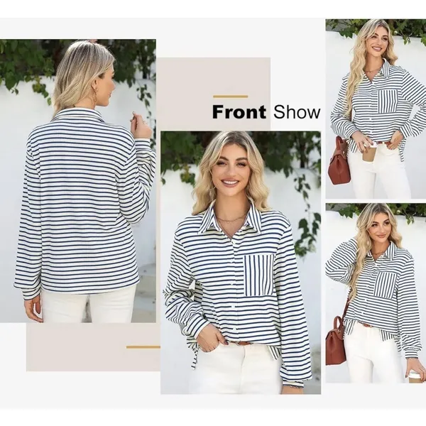 Astylish Women's Oversized Striped Button Down Shirt Navy/ White Small - Image 6