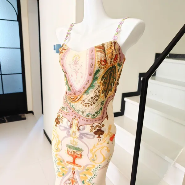 Ornate Baroque Print Slip Midi Dress Beaded Floral - Image 3
