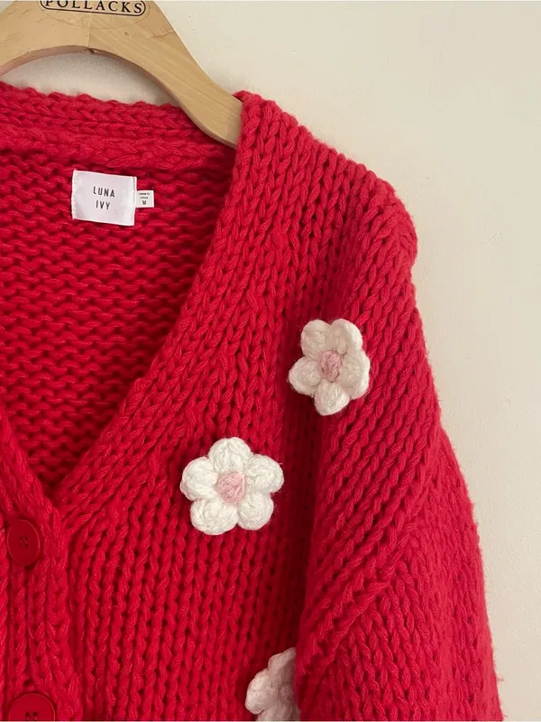 Luna Ivy Chunky Knit Flower Appliqué Cardigan Sweater Red Pink M Cottagecore - Image 6