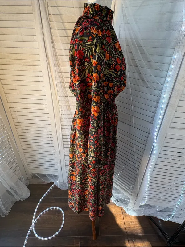 First Love Black Floral Smocked Midi Dress with Red & Orange Flowers - Image 3