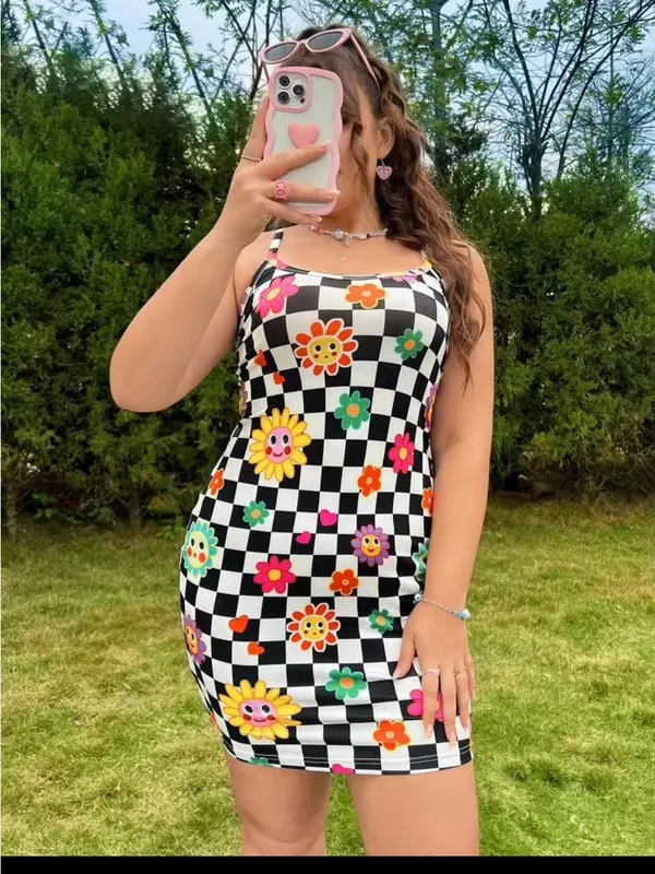 SHEIN Qutie Plus Size Black & White Gingham Dress With Flower Print XL - Image 5