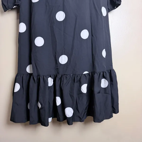 Black White Polka Dot Ruffled Hem Midi Dress Flowy Retro Mod Belted Women Size M - Image 6
