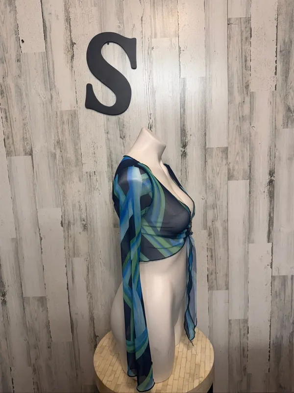 SheIn Abstract Print Mesh O-Ring Tie Front Crop Top Womens Small Blue Green Long Sleev - Image 3