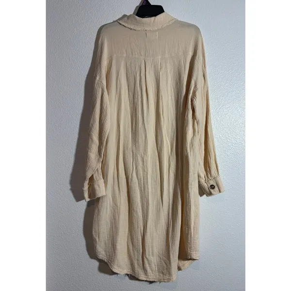 Oli & Hali Size M Cream Double Gauze Button-Up Shirt Dress Shacket Raw Hem - Image 2