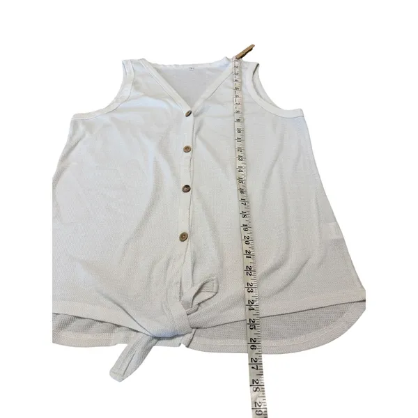 White Waffle Knit Button Front Tie Hem Tank Top Sleeveless V-Neck Large‎ - Image 7