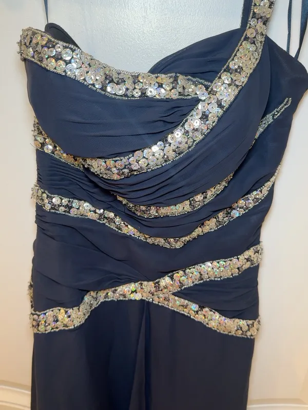 Navy Blue One Shoulder Sequin Beaded Formal Maxi Dress Evening Gown - Image 3