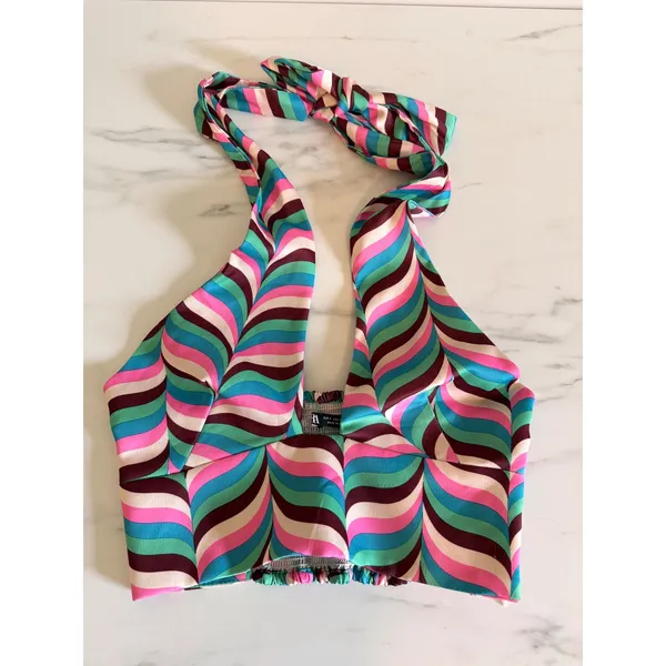 Zara Womens Multicolor Geometric Wave Halter Crop Top Deep V Festival‎ Size S - Image 2