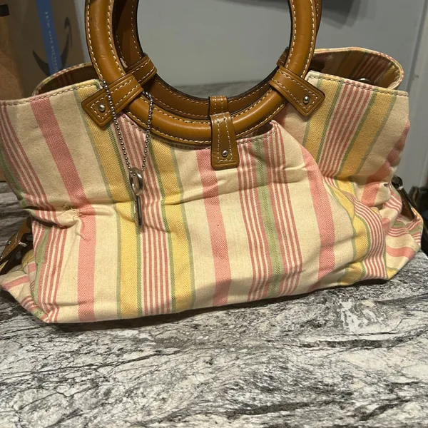 Vintage Fossil Striped Canvas hand Bag with Brown Handles - Image 2