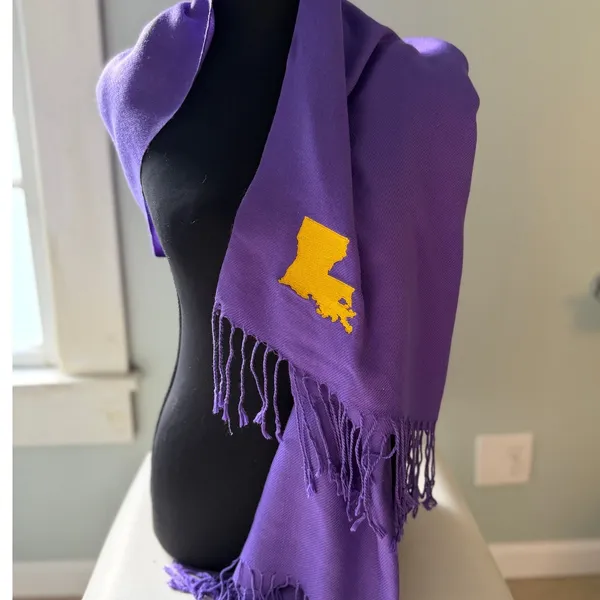 Olly Oxen Louisiana Scarf Purple Gold Embroidered State Fringe LSU Game Day - Image 10
