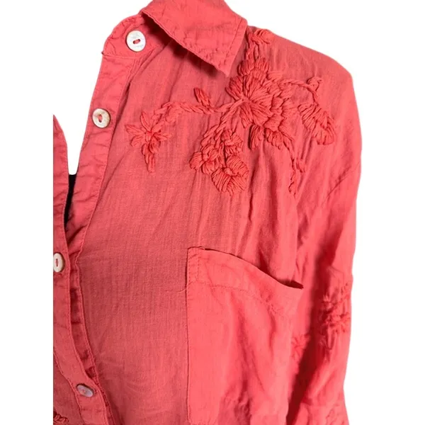 Karyn Seo Coral Embroidered Cotton Button Down Shirt Boho Medium - Image 5