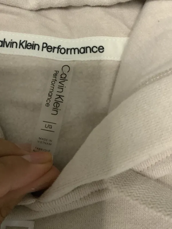 Calvin Klein Performance Hoodie Womens Pullover Beige Logo Zip Pocket Drawstring - Image 2