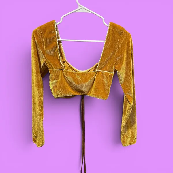 Cute golden ribbed corduroy stretchy cinched tie long sleeve crop top Cider - Image 2
