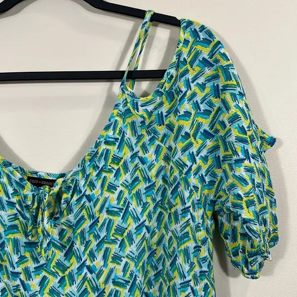 Coco + Carmen Blue Green Rayon Beach Cover-up Mini Dress Tunic Cold Shoulder S/M - Image 5