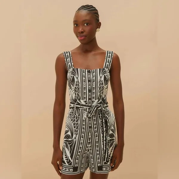Farm Rio Off-White Monochrome Elegance Scarf Romper M - Image 4