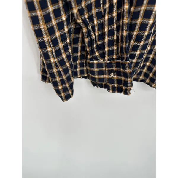 Loft Blue‎ Gold Shimmer Plaid Pleated Blouse Boho Peasant Rayon Women Large - Image 4