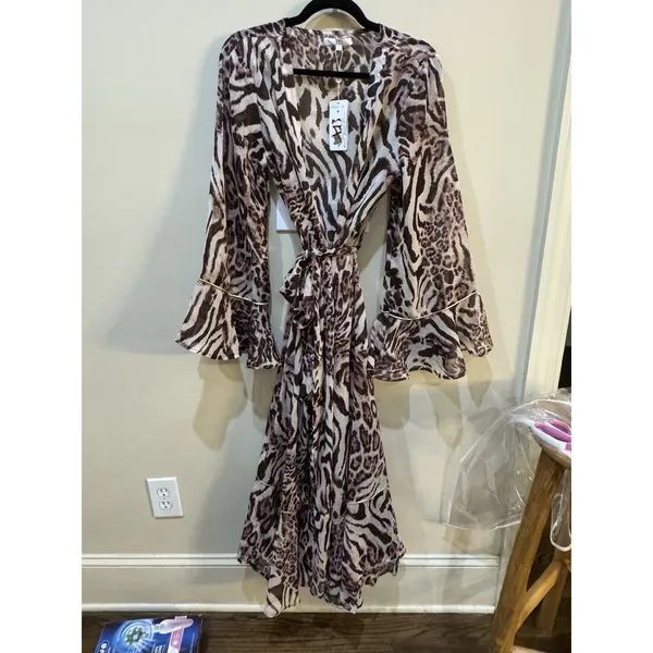 America & Beyond Womens Animal Print Rose Tan Ruffle Trim Robe Tie Kimono - Image 2