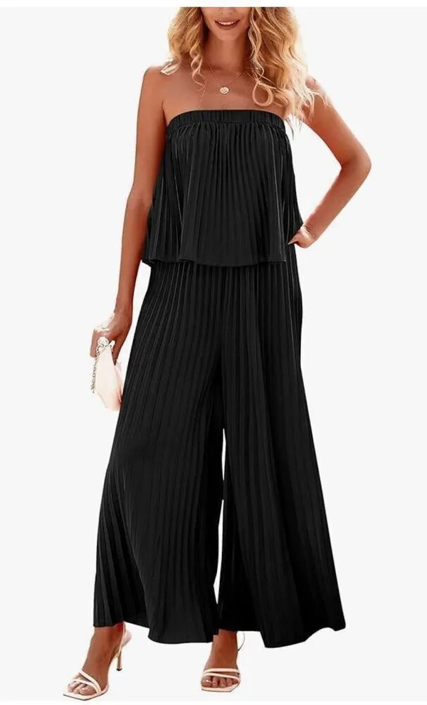 NEW Off Shoulder Strapless Pleated Wide Leg Palazzo Pants Jumpsuit L - Image 5